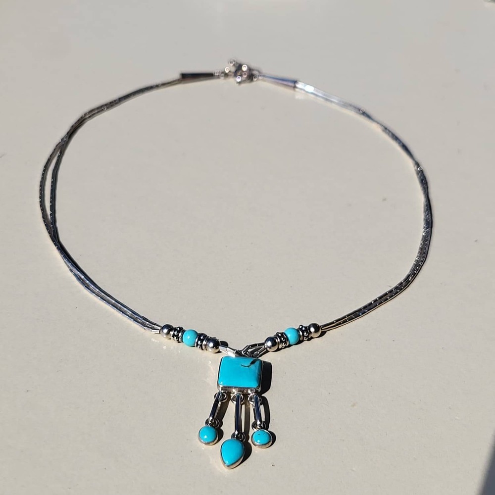 Vintage Q.T. 925 Sterling Silver Turquoise Liquid Silver Pendant Necklace - Picture 7 of 13